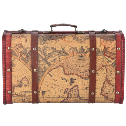 Vintage Suitcase Portable Composite Wood Map Pattern Design Vintage Storage Chest