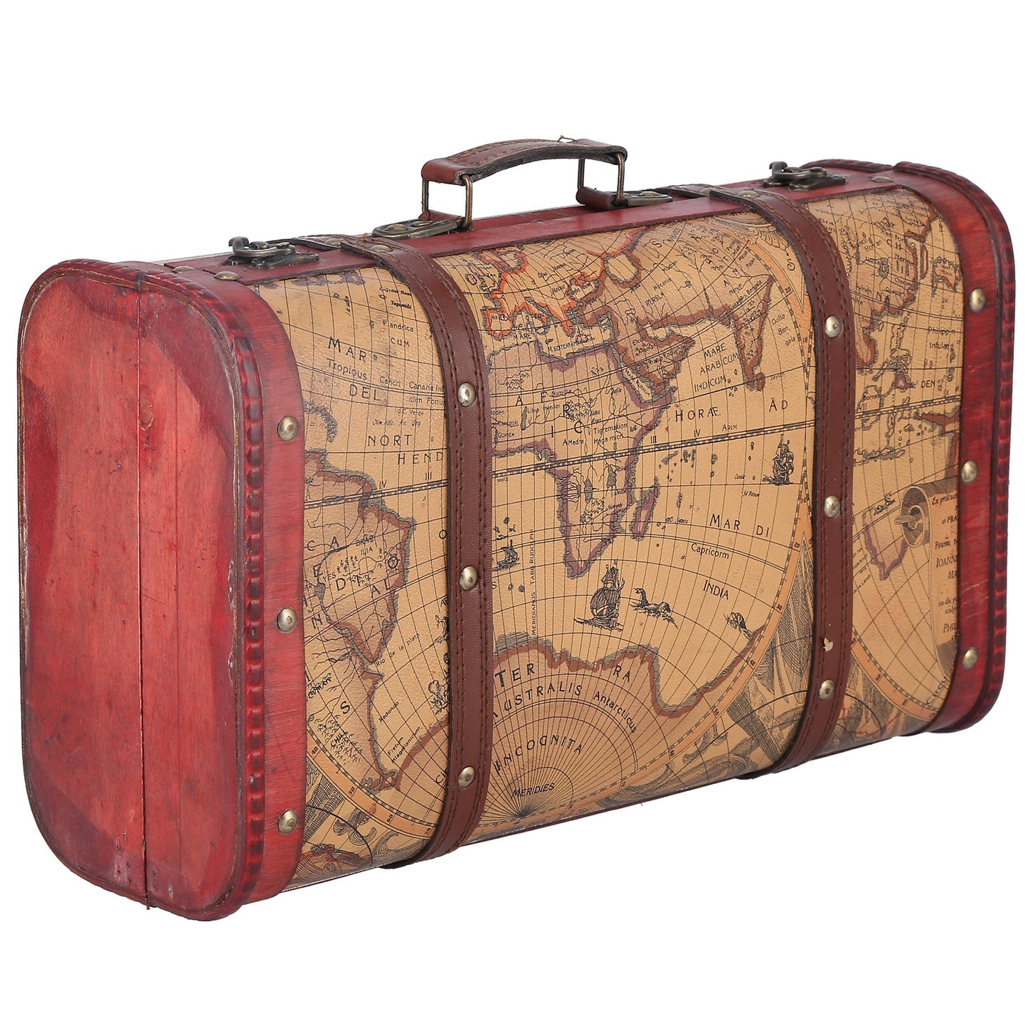 Vintage Suitcase Portable Composite Wood Map Pattern Design Vintage Storage Chest