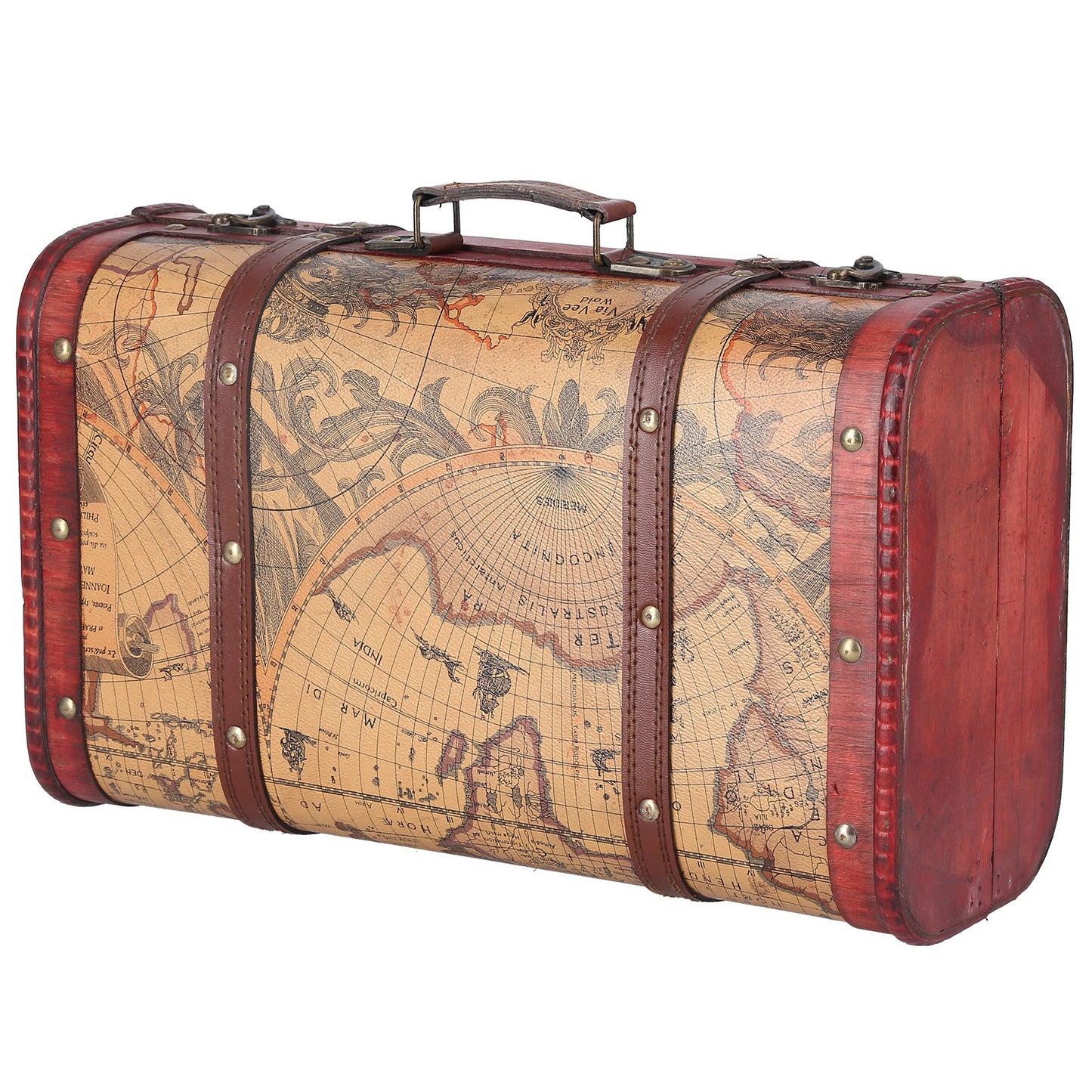 Vintage Suitcase Portable Composite Wood Map Pattern Design Vintage Storage Chest