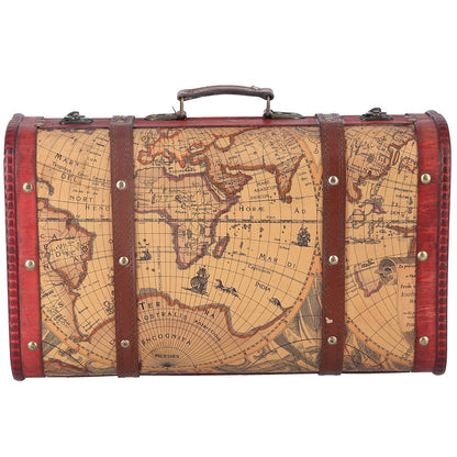 Vintage Suitcase Portable Composite Wood Map Pattern Design Vintage Storage Chest